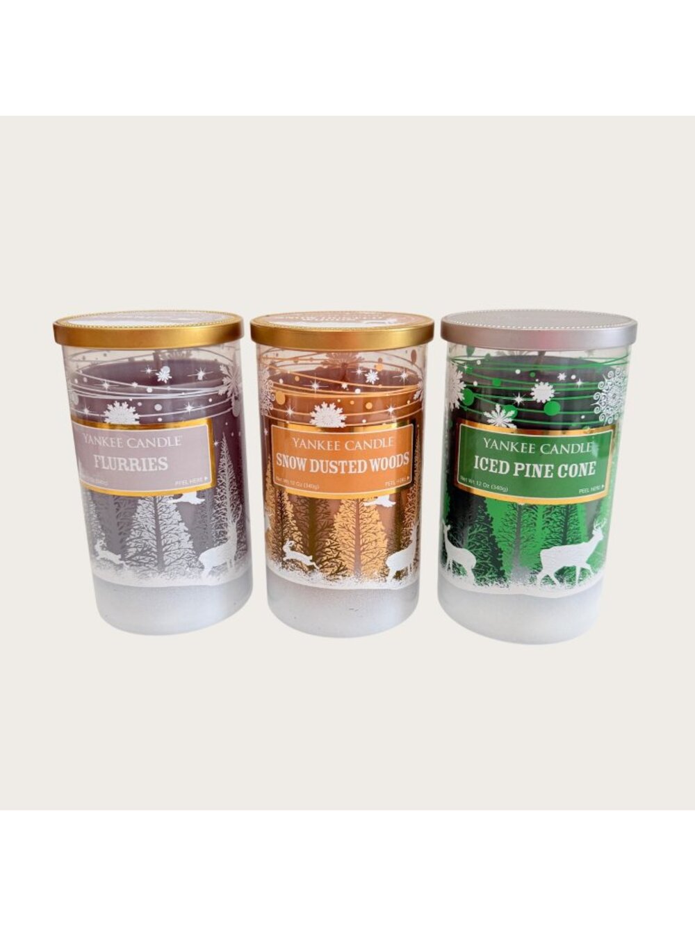 Yankee Candle Lot of 3 Holiday Flurries Snow Dusted Woods Iced Pine Cone 12 Oz